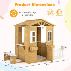 Wood Playhouse with Bench and Serving Stations for 2+ Years Old Kids view 5