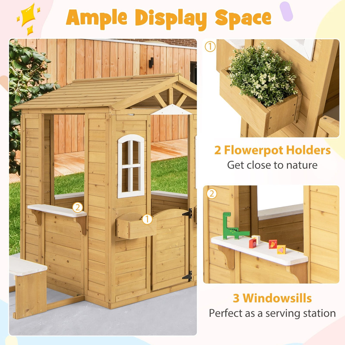 Wood Playhouse with Bench and Serving Stations for 2+ Years Old Kids view 6