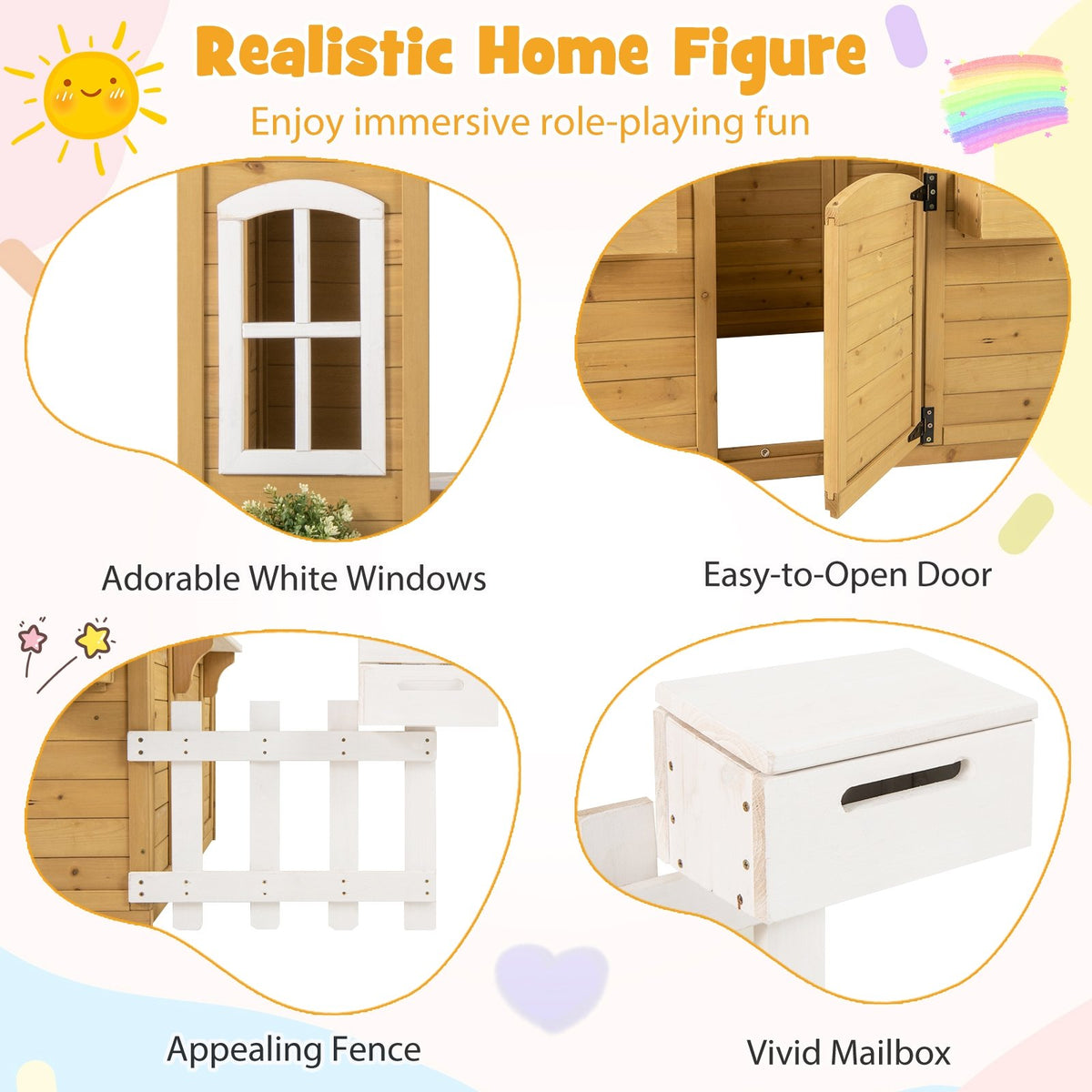Wood Playhouse with Bench and Serving Stations for 2+ Years Old Kids view 8