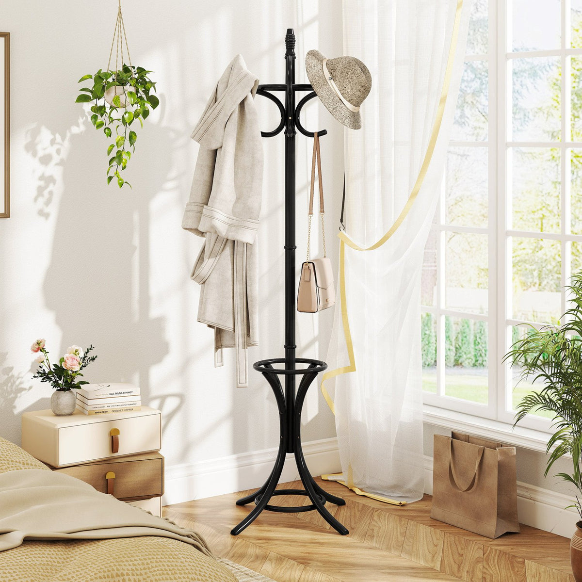 Wood Standing Hat Coat Rack with Umbrella Stand-Black view 3