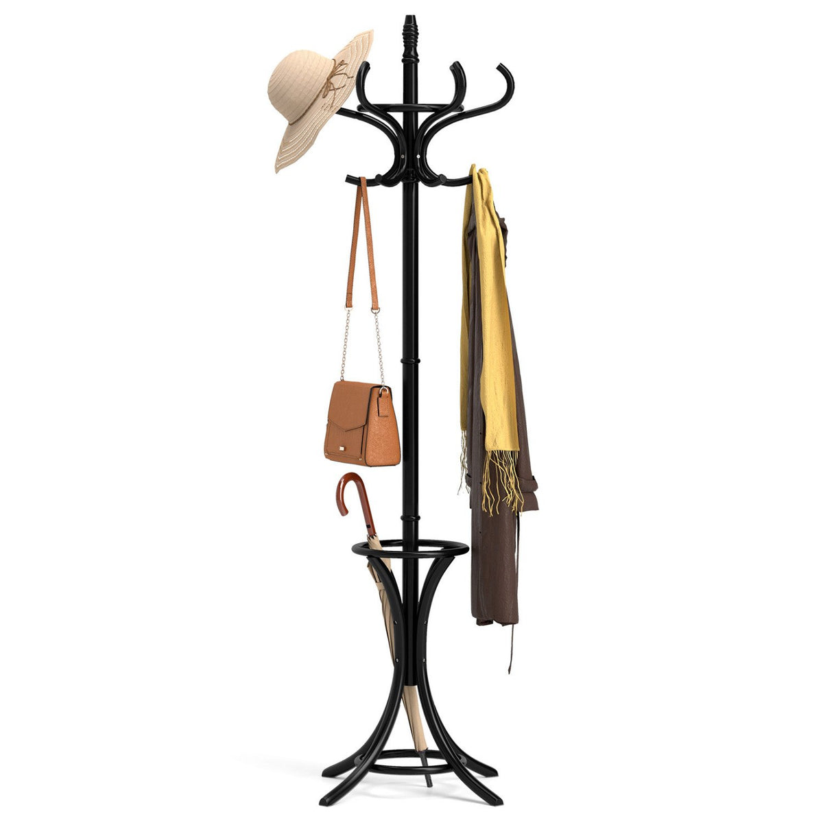 Wood Standing Hat Coat Rack with Umbrella Stand-Black view 4