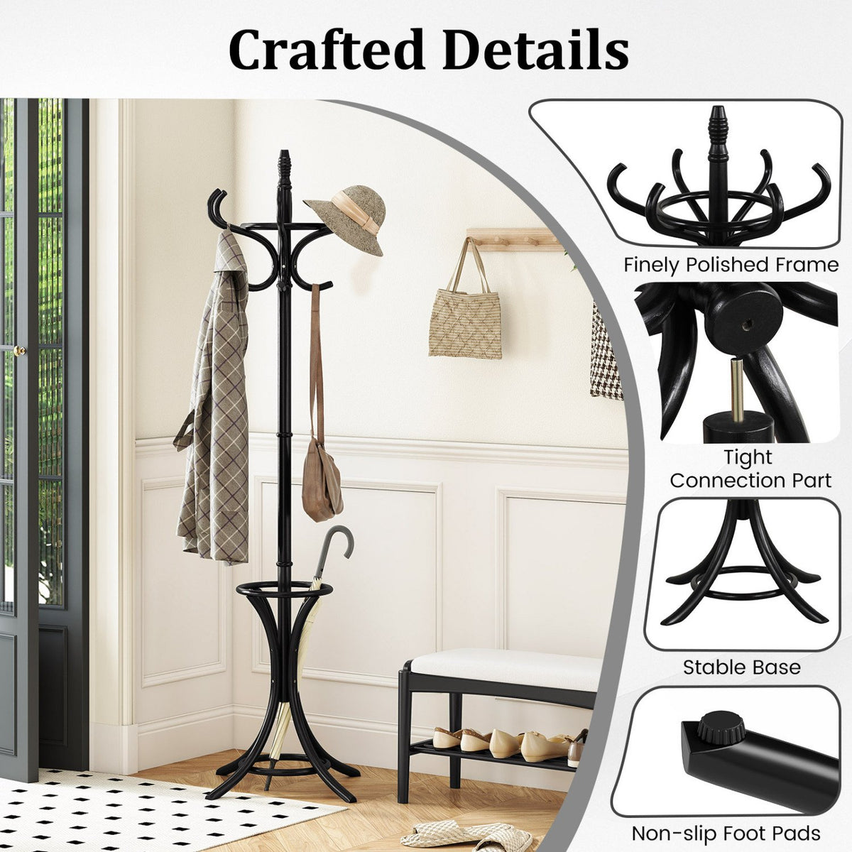 Wood Standing Hat Coat Rack with Umbrella Stand-Black view 7