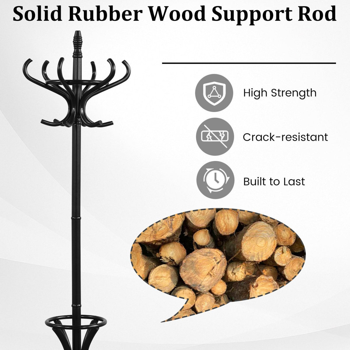 Wood Standing Hat Coat Rack with Umbrella Stand-Black view 8