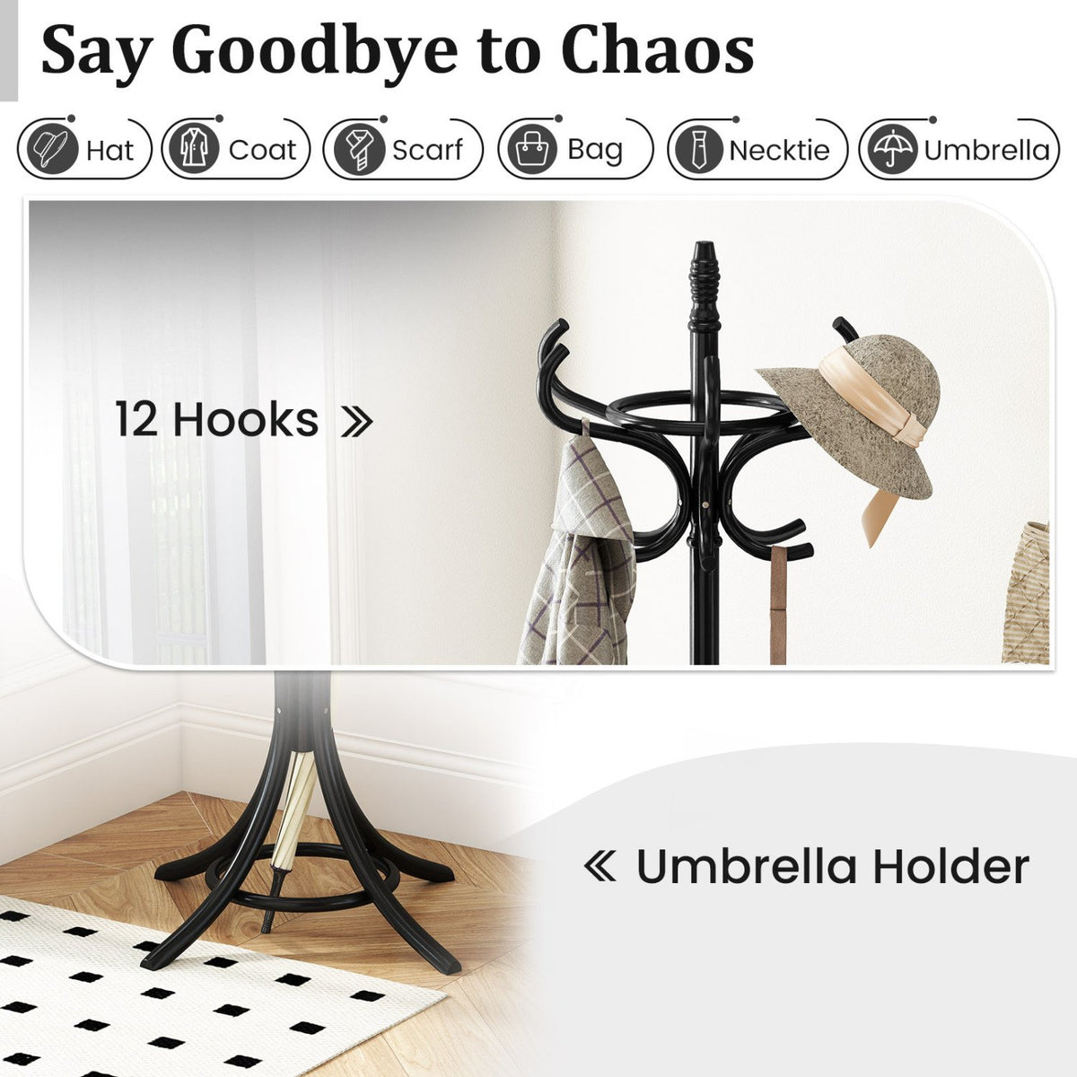 Wood Standing Hat Coat Rack with Umbrella Stand-Black view 9