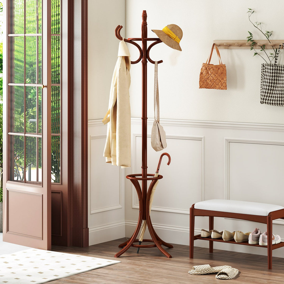 Wood Standing Hat Coat Rack with Umbrella Stand-Brown view 2