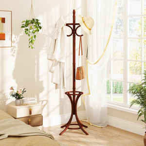 Wood Standing Hat Coat Rack with Umbrella Stand-Brown view 3