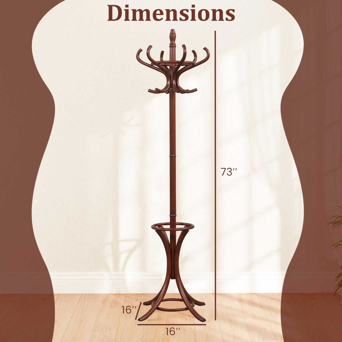 Wood Standing Hat Coat Rack with Umbrella Stand-Brown view 4