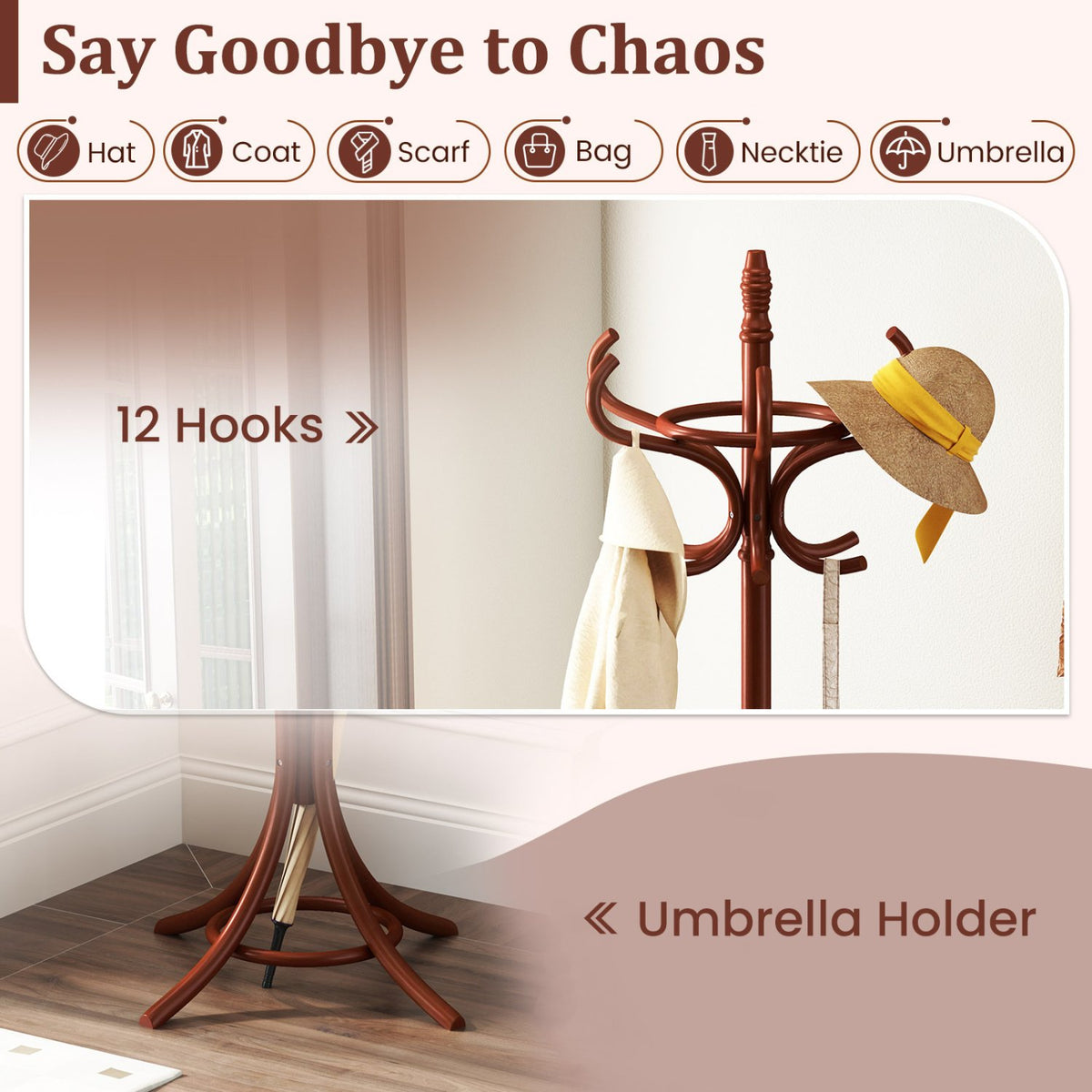 Wood Standing Hat Coat Rack with Umbrella Stand-Brown view 5