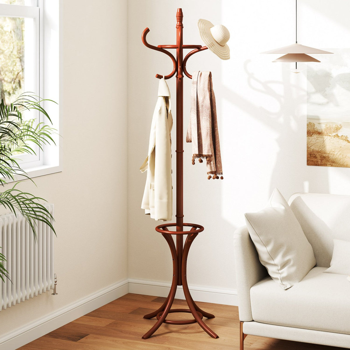 Wood Standing Hat Coat Rack with Umbrella Stand-Brown view 6