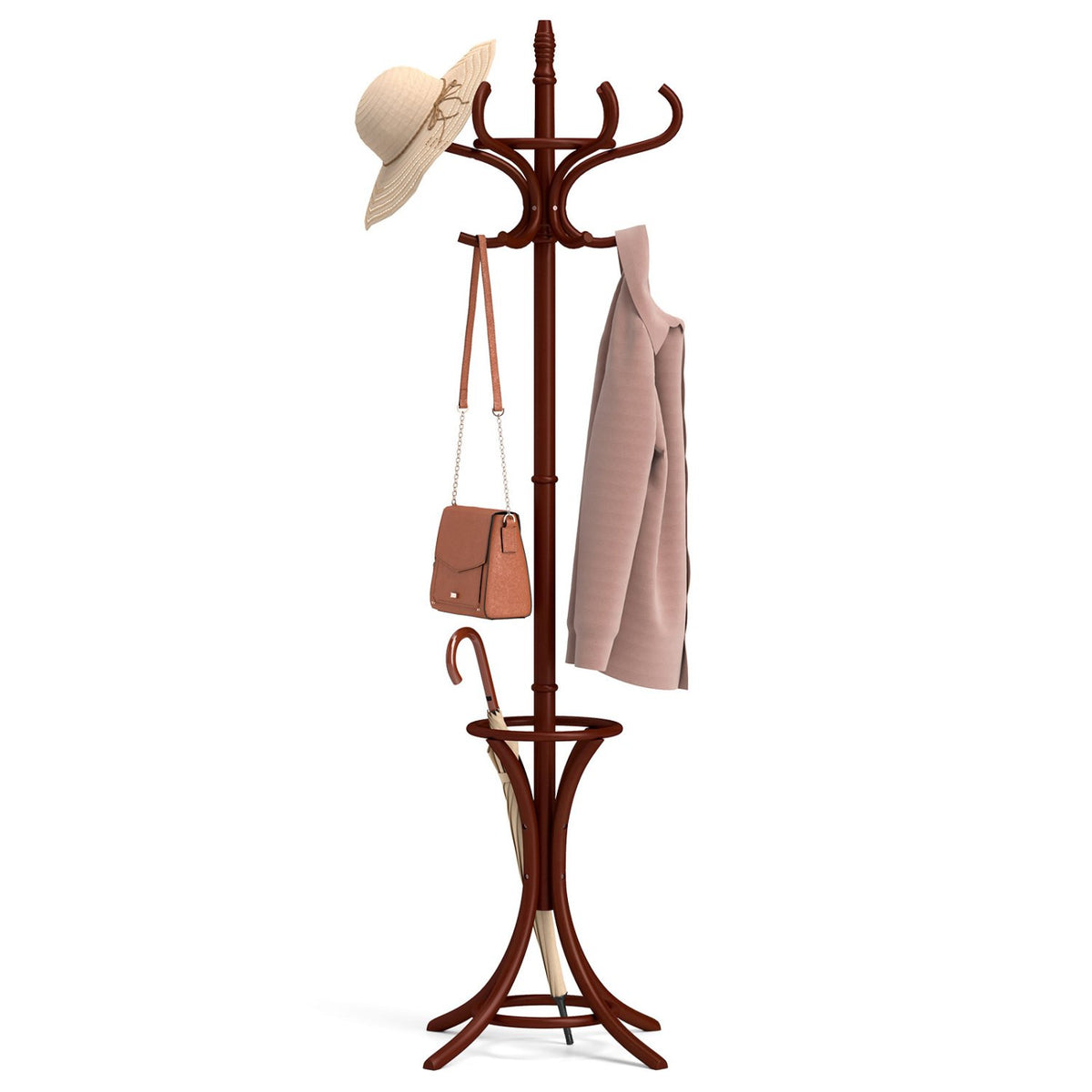 Wood Standing Hat Coat Rack with Umbrella Stand-Brown view 9
