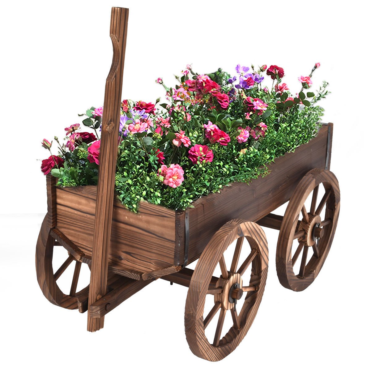Wood Wagon Planter Pot Stand with Wheels view 2