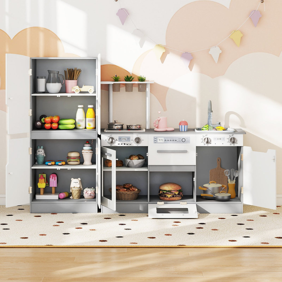 Wooden 2 Piece Kids Kitchen Playset with Fridge and Running Water-Gray view 2