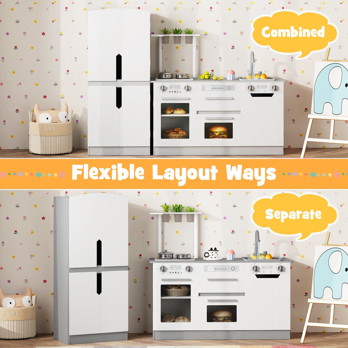 Wooden 2 Piece Kids Kitchen Playset with Fridge and Running Water-Gray view 6