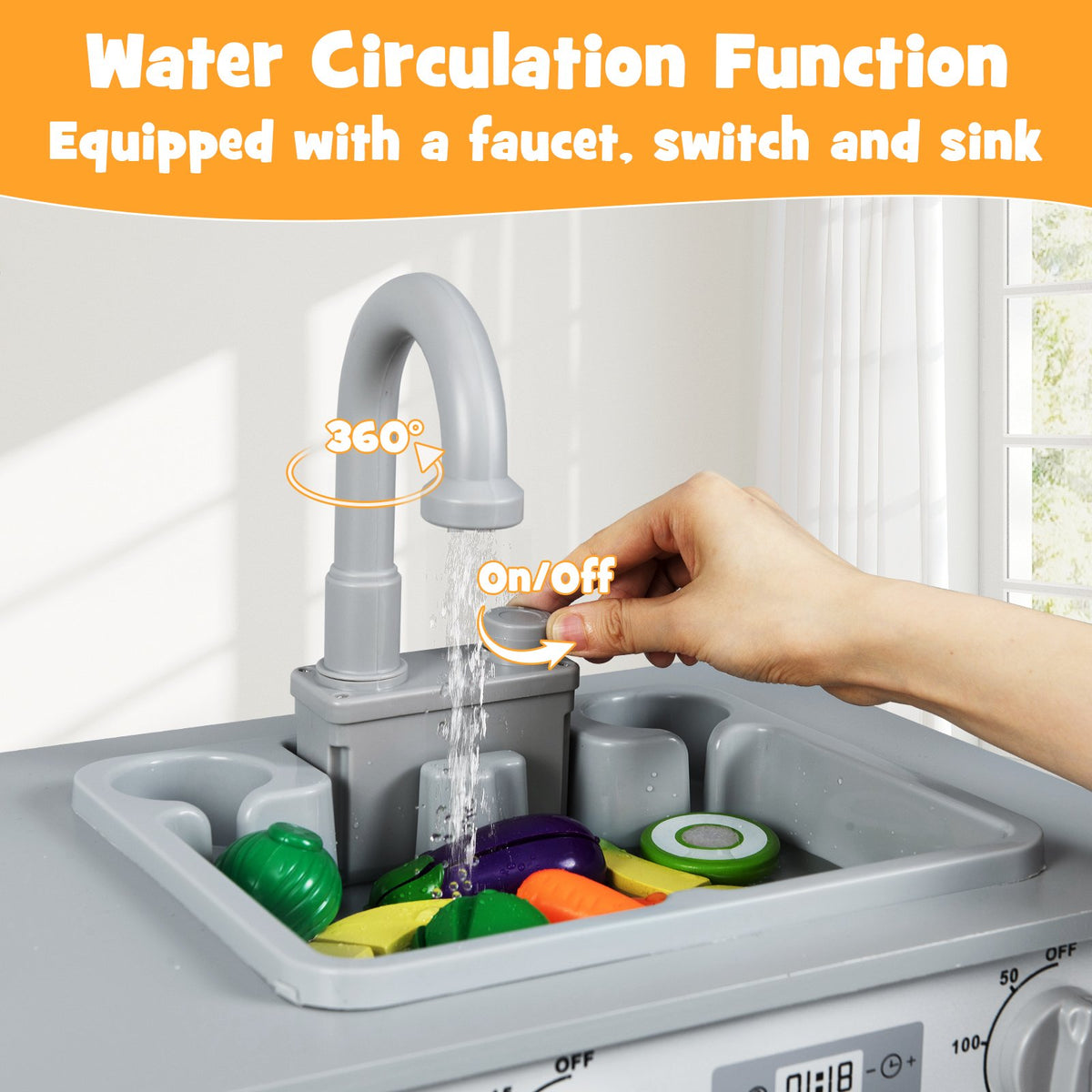 Wooden 2 Piece Kids Kitchen Playset with Fridge and Running Water-Gray view 9