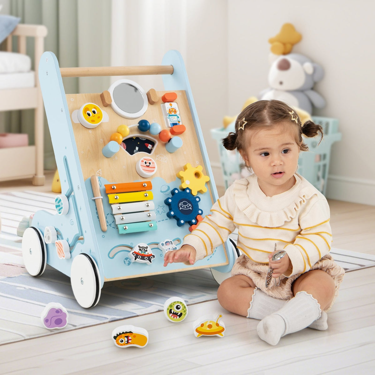 Wooden Baby Walker Push and Pull Learning Activity Center with Wheels for Toddlers 1+ Years Old-Green view 2
