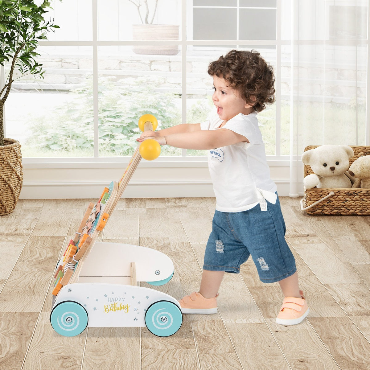 Wooden Baby Walker with Adjustable Heights and Smooth Wheels-White view 3