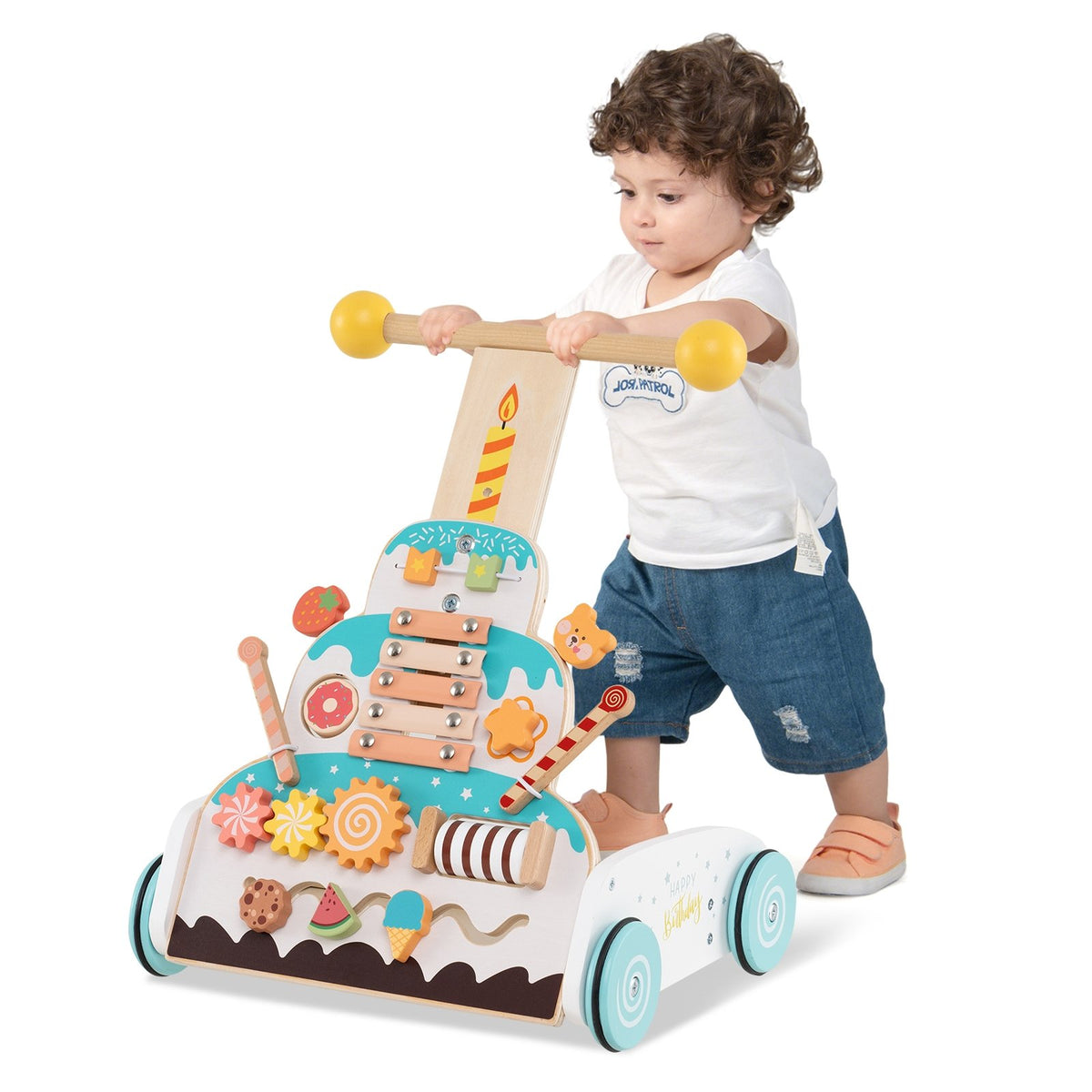 Wooden Baby Walker with Adjustable Heights and Smooth Wheels-White view 4