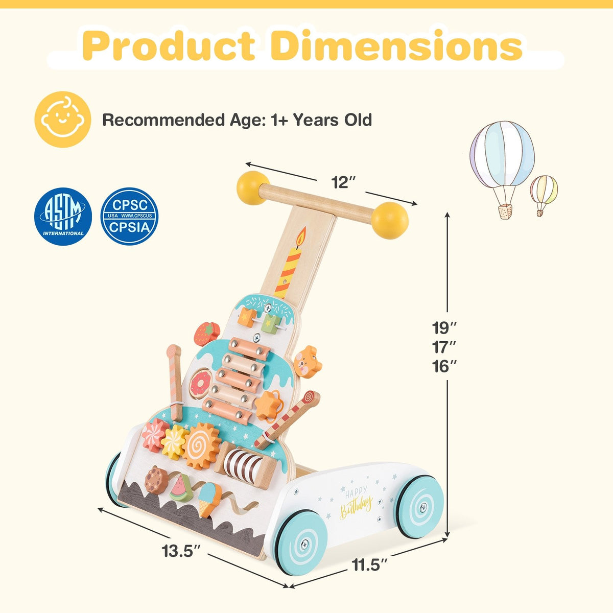 Wooden Baby Walker with Adjustable Heights and Smooth Wheels-White view 5