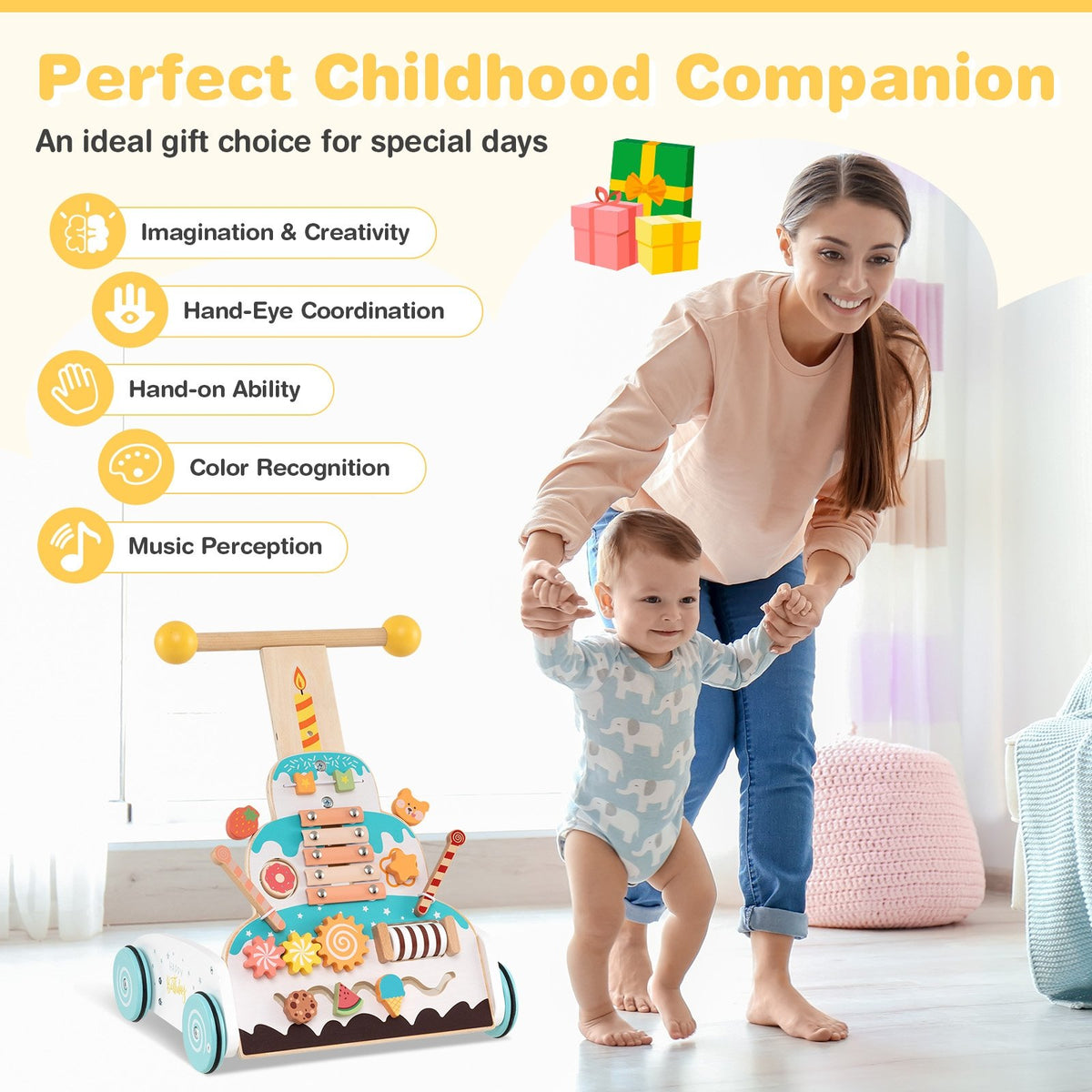 Wooden Baby Walker with Adjustable Heights and Smooth Wheels-White view 7