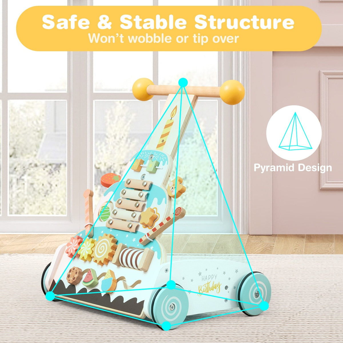 Wooden Baby Walker with Adjustable Heights and Smooth Wheels-White view 8
