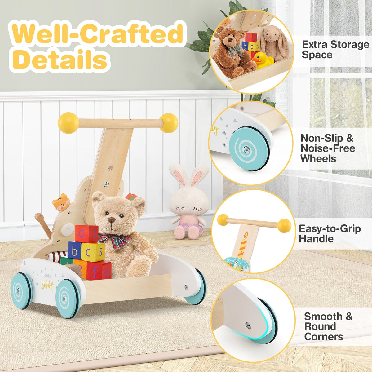 Wooden Baby Walker with Adjustable Heights and Smooth Wheels-White view 9
