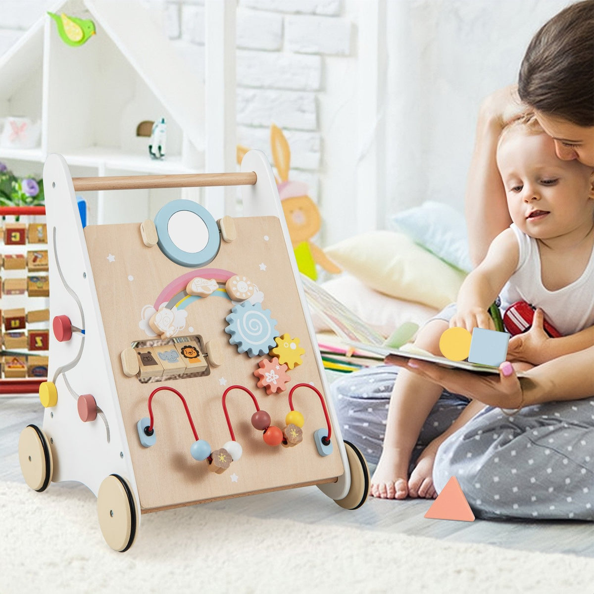 Wooden Baby Walker with Multiple Activities Center for Over 1 Year Old-White view 3