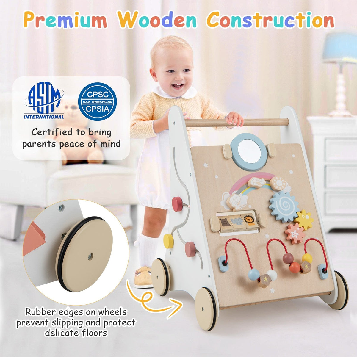 Wooden Baby Walker with Multiple Activities Center for Over 1 Year Old-White view 7