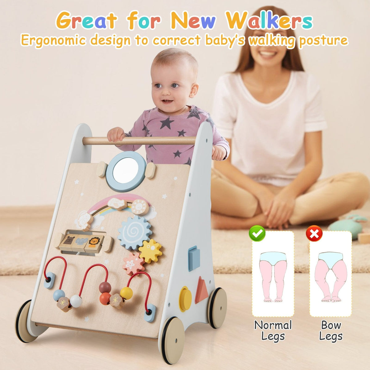Wooden Baby Walker with Multiple Activities Center for Over 1 Year Old-White view 9