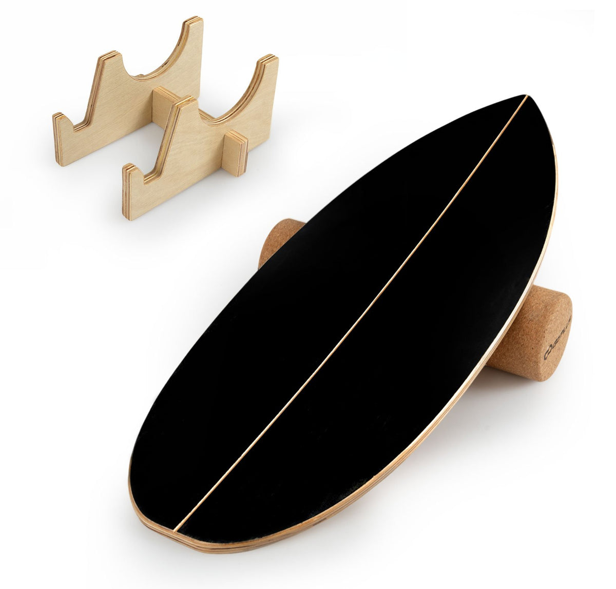 Wooden Balancing Board with Cork Roller and Storage Rack to Exercise-Black