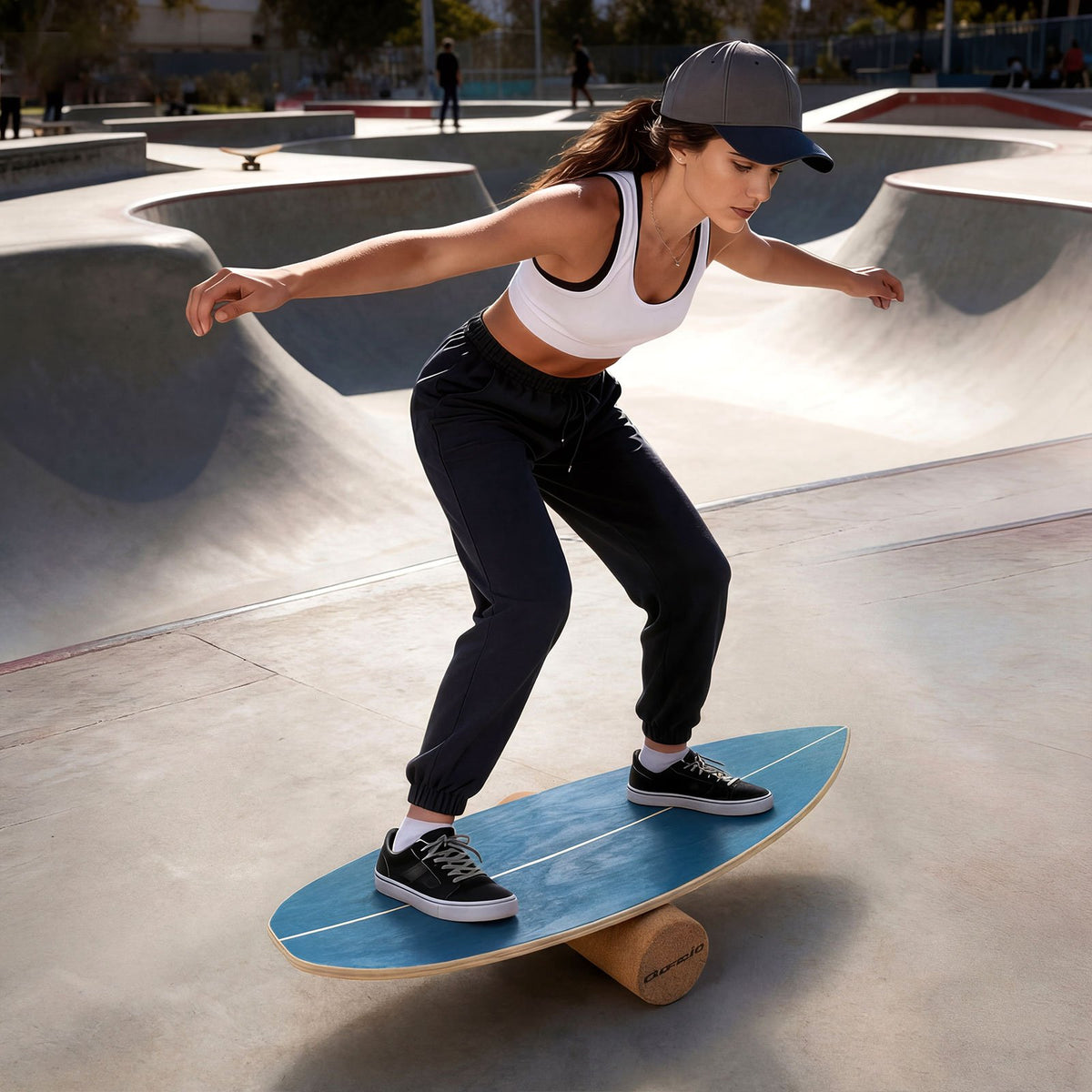 Wooden Balancing Board with Cork Roller and Storage Rack to Exercise-Blue view 2