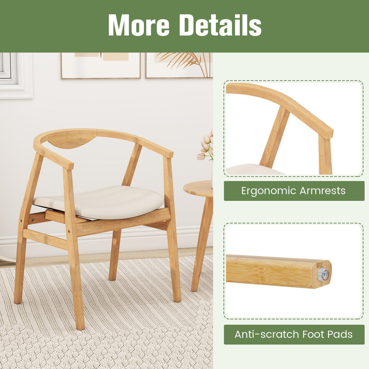 Wooden Bamboo Accent Chair with Armrest and Curved Backrest-Natural view 9