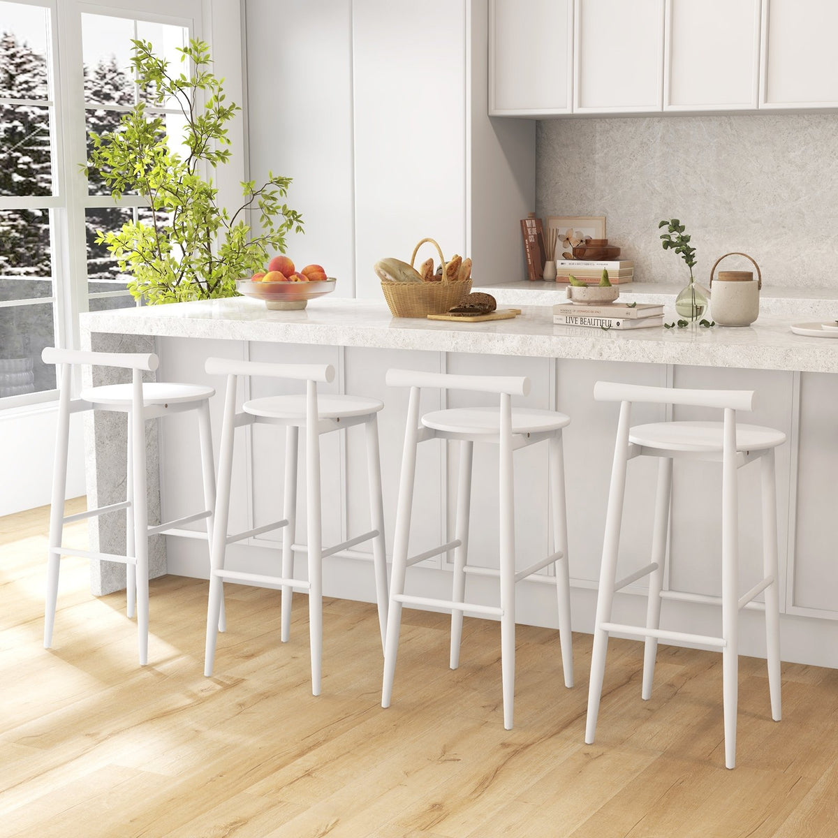 Wooden Bar Chair Set of 2 with Backrest and Footrest for Home Restaurant Cafe-White view 3