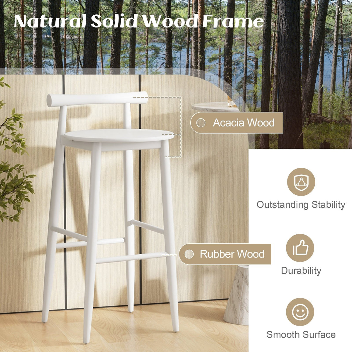 Wooden Bar Chair Set of 2 with Backrest and Footrest for Home Restaurant Cafe-White view 7