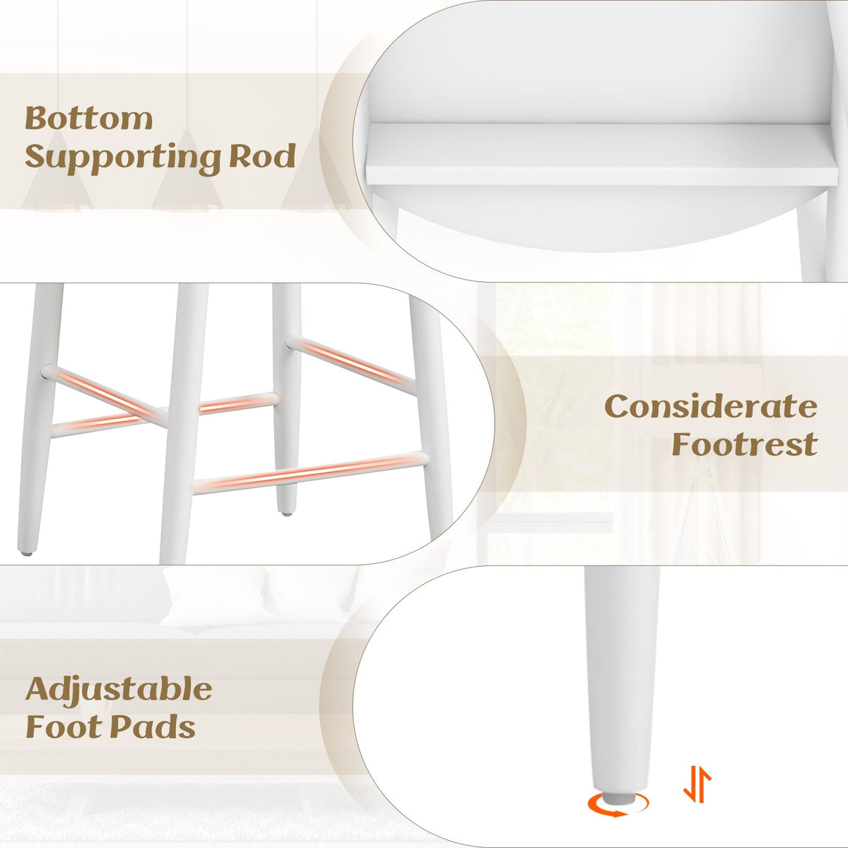 Wooden Bar Chair Set of 2 with Backrest and Footrest for Home Restaurant Cafe-White view 9