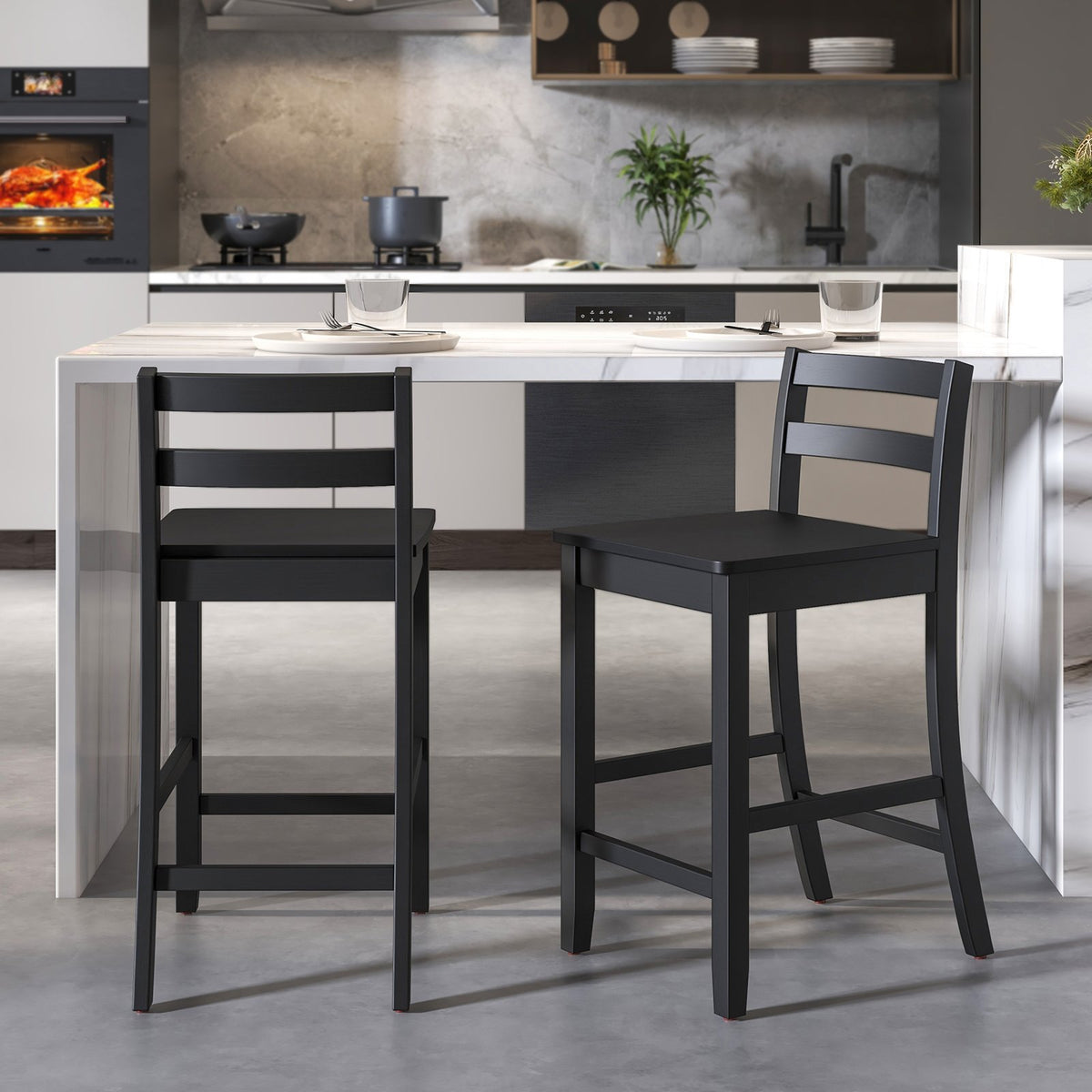 Wooden Bar Stools Set of 2 with Ergonomic Backrest and Footrest-Black view 2