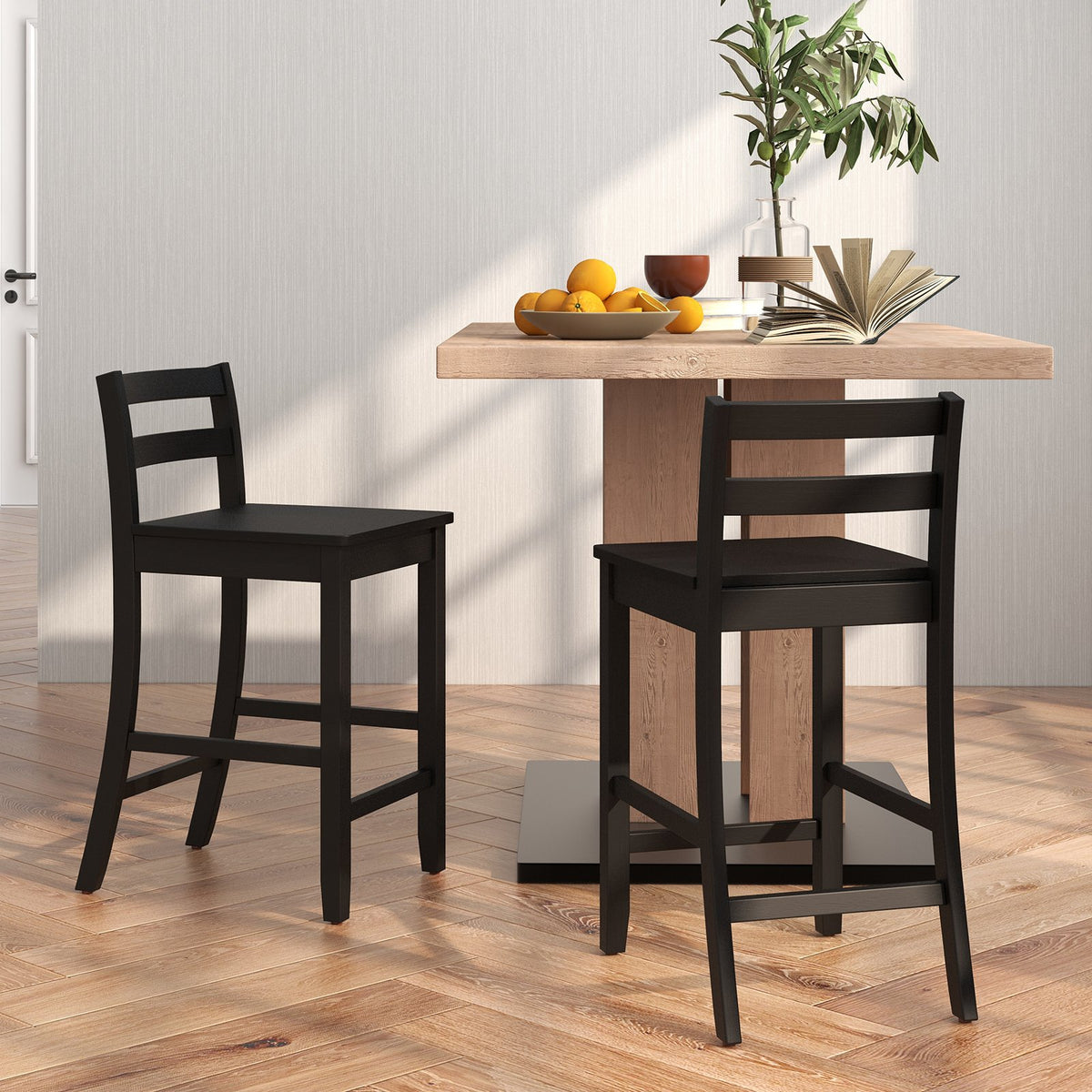 Wooden Bar Stools Set of 2 with Ergonomic Backrest and Footrest-Black view 3