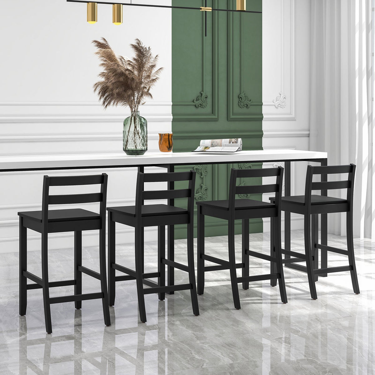 Wooden Bar Stools Set of 2 with Ergonomic Backrest and Footrest-Black view 7
