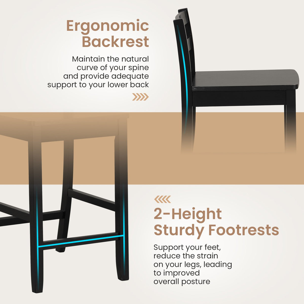 Wooden Bar Stools Set of 2 with Ergonomic Backrest and Footrest-Black view 8