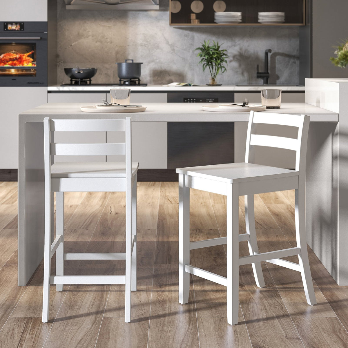 Wooden Bar Stools Set of 2 with Ergonomic Backrest and Footrest-White view 2