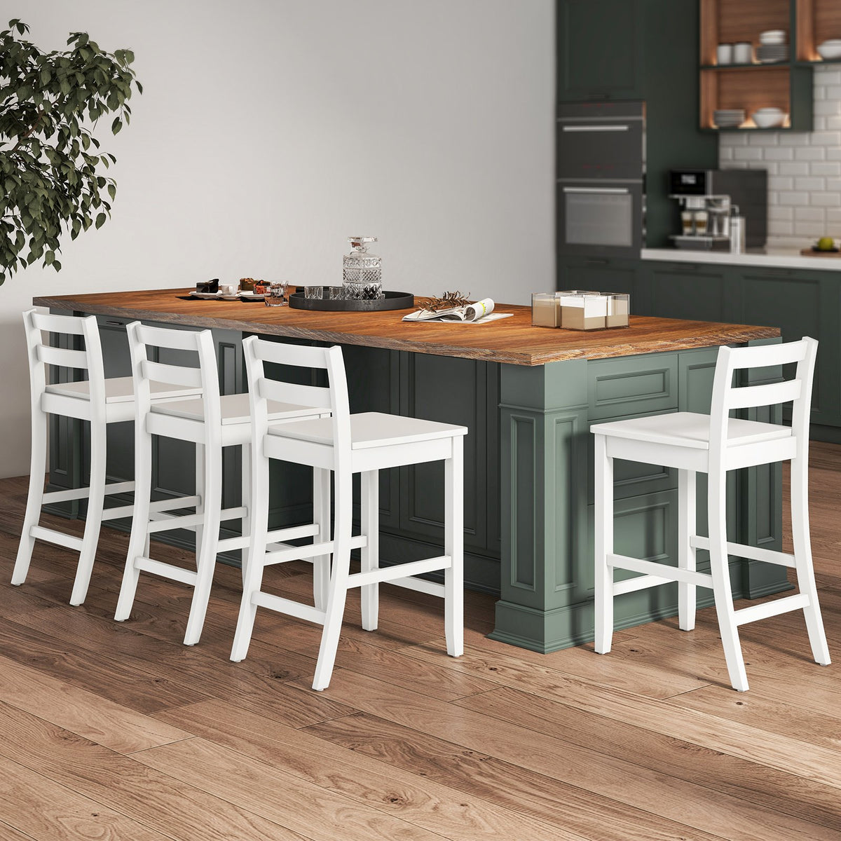 Wooden Bar Stools Set of 2 with Ergonomic Backrest and Footrest-White view 3