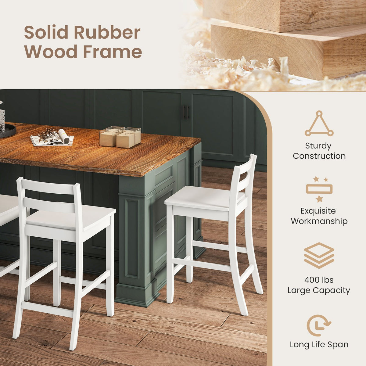Wooden Bar Stools Set of 2 with Ergonomic Backrest and Footrest-White view 7