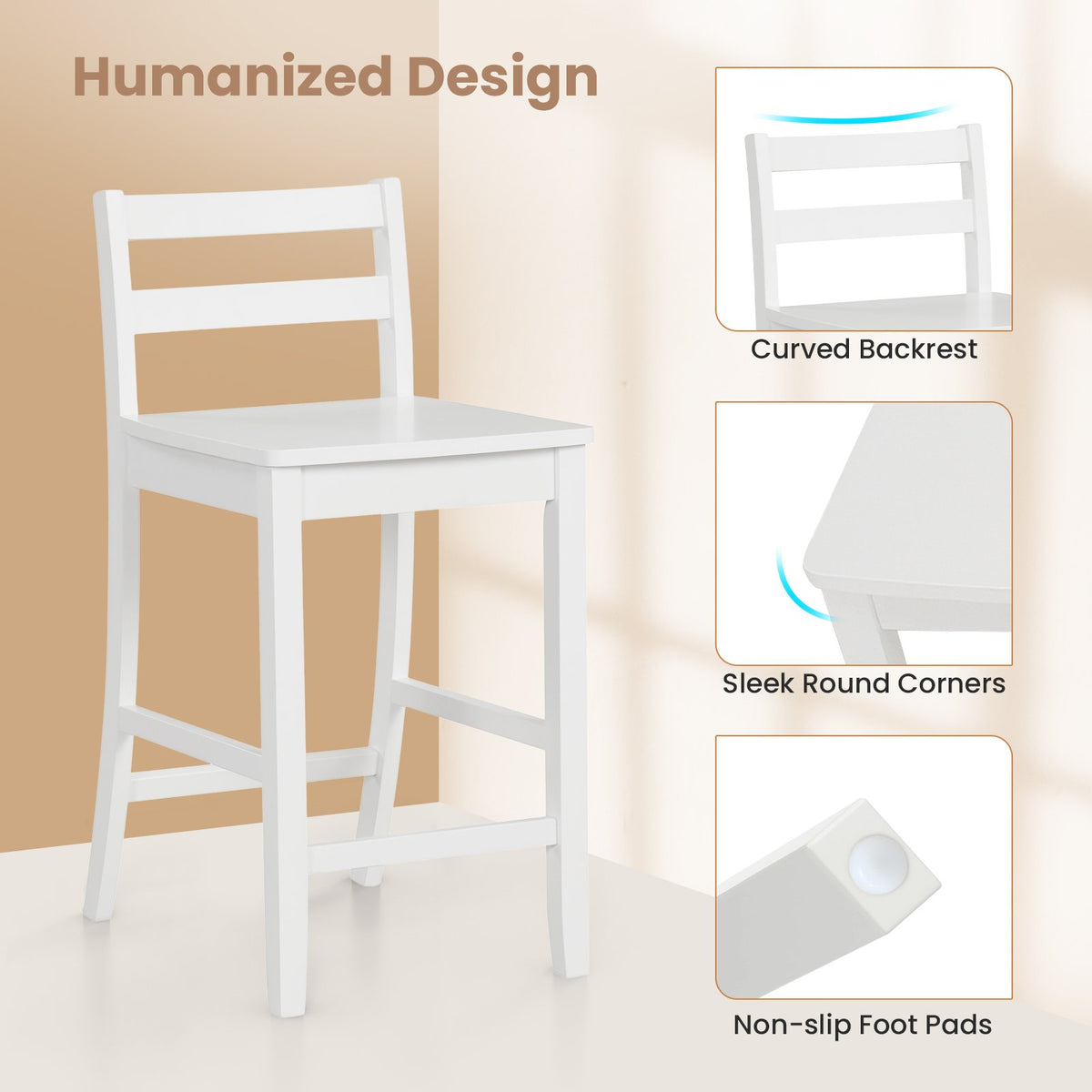 Wooden Bar Stools Set of 2 with Ergonomic Backrest and Footrest-White view 8