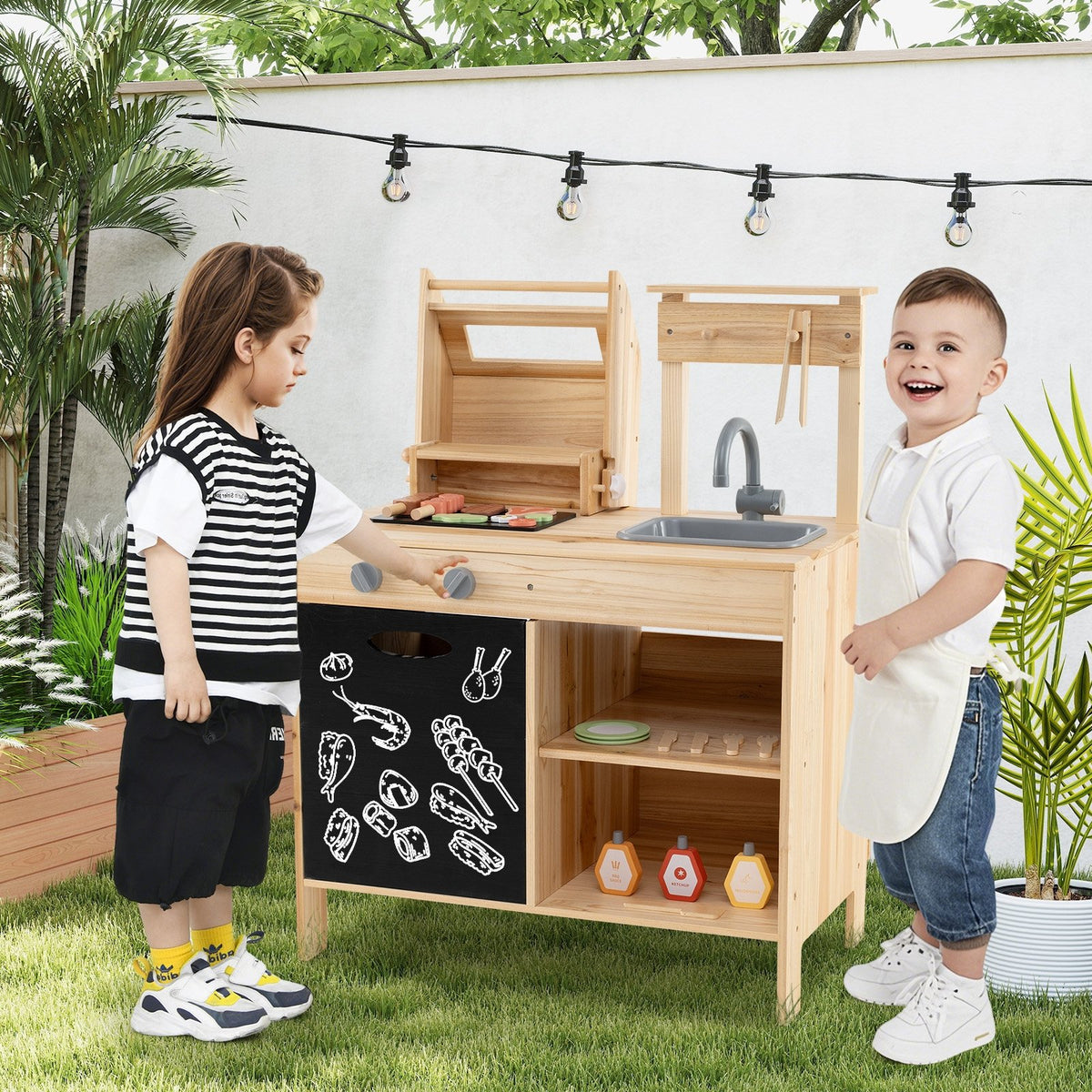 Wooden Barbecue Grill Playset with Chalkboard and Sink and Cabinet-Natural view 2