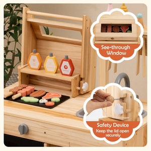 Wooden Barbecue Grill Playset with Chalkboard and Sink and Cabinet-Natural view 7