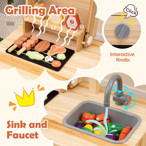 Wooden Barbecue Grill Playset with Chalkboard and Sink and Cabinet-Natural view 8