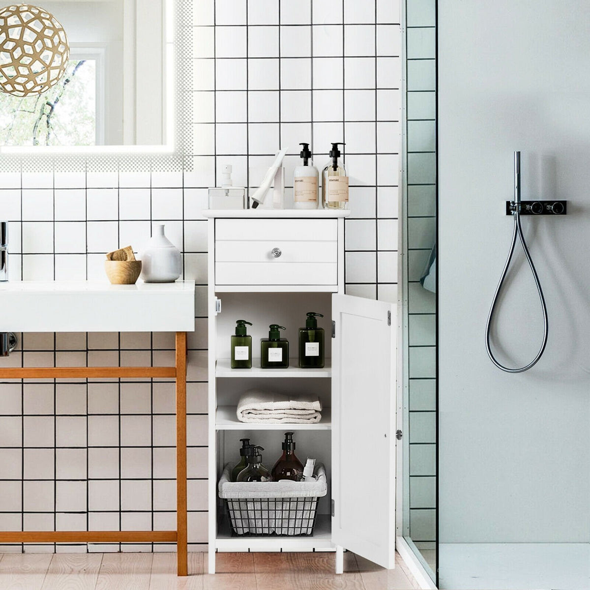 Wooden Bathroom Floor Storage Cabinet with Drawer and Shelf-White view 2