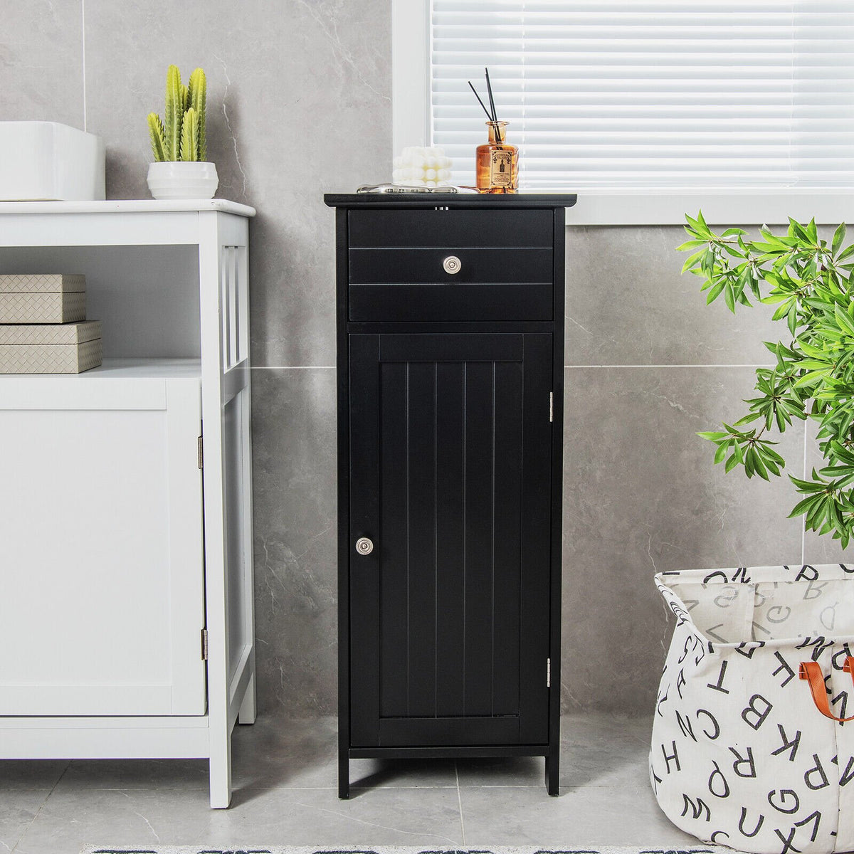 Wooden Bathroom Floor Storage Cabinet with Drawer and Shelf-Black view 2