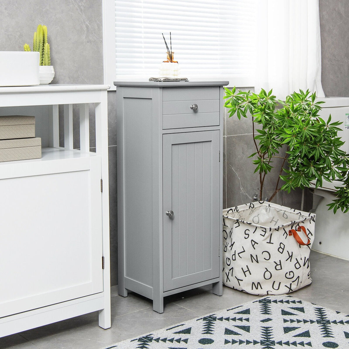 Wooden Bathroom Floor Storage Cabinet with Drawer and Shelf-Gray view 2