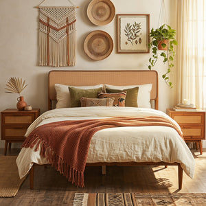 Wooden Boho Rattan Brown Bed Frame with Wooden Slat Support-Full view 2