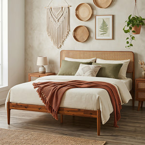 Wooden Boho Rattan Brown Bed Frame with Wooden Slat Support-Full view 3